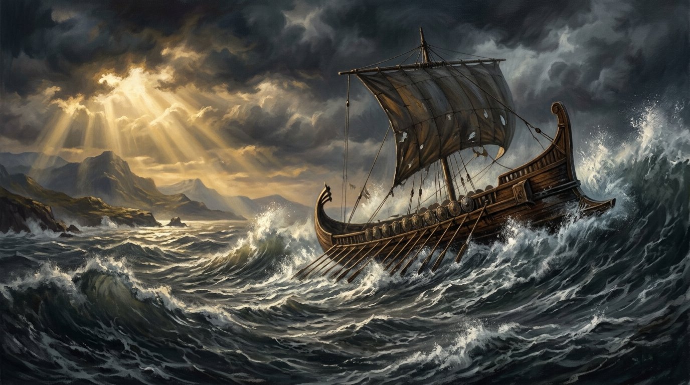 The Odyssey 2026 — an ancient Greek ship braving a stormy sea, epic voyage theme