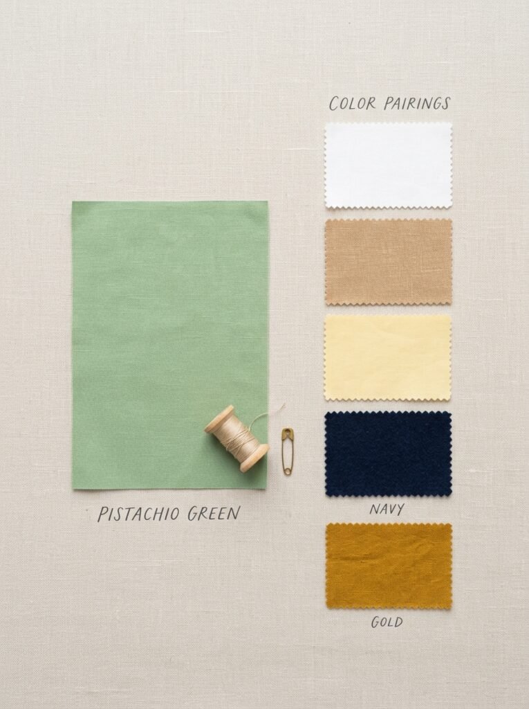 Pistachio Green Outfit Ideas 2026: How to Wear It 2 Fabric swatches colour pairing b… 202607071507