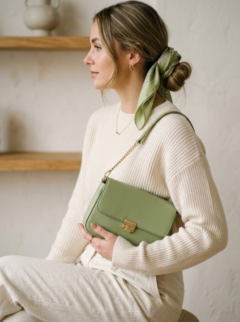 Pistachio Green Outfit Ideas 2026: How to Wear It 5 Handbag and hair scarf styled 202607071508