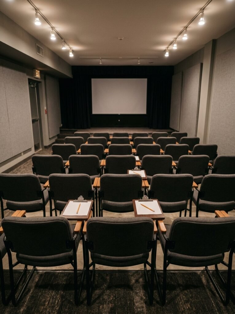 Screening room with empty chairs 202607270452