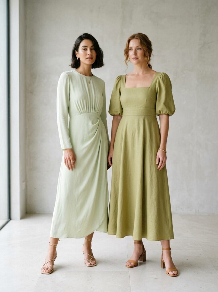Pistachio Green Outfit Ideas 2026: How to Wear It 6 Two women pistachio green dresses 202607071508