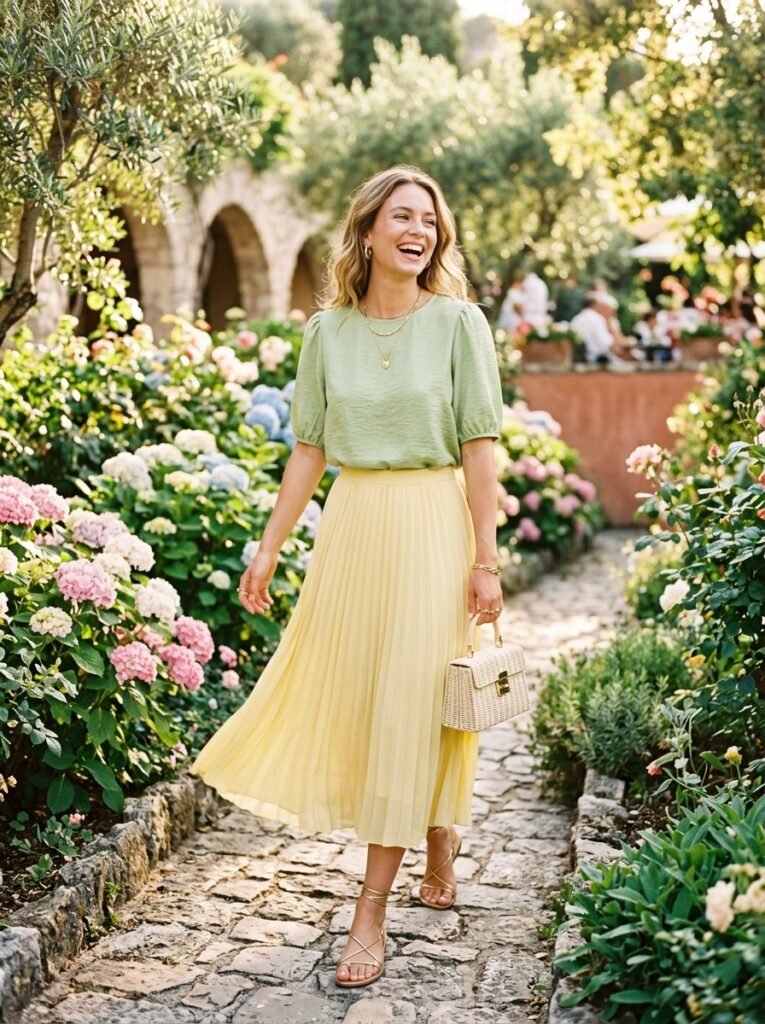 Pistachio Green Outfit Ideas 2026: How to Wear It 4 Woman wearing pistachio top yell… 202607071508