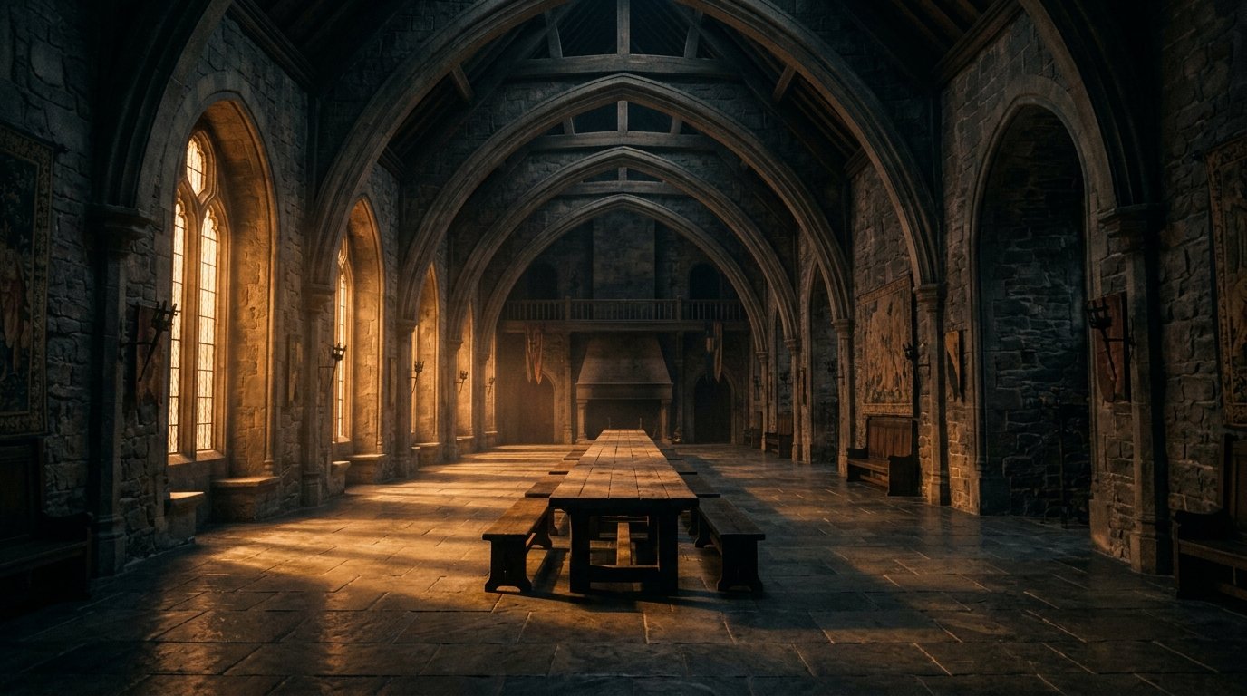 Empty medieval great hall illustrating the House of the Dragon season 3 finale