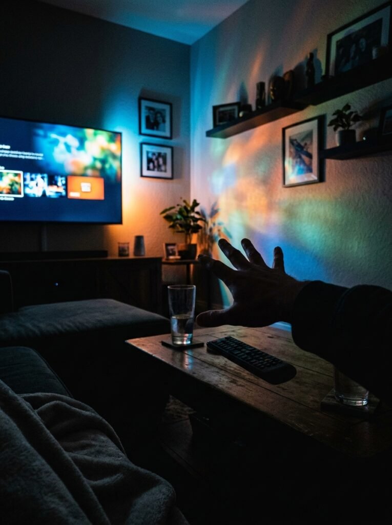 Hand reaching for remote control 202608201116