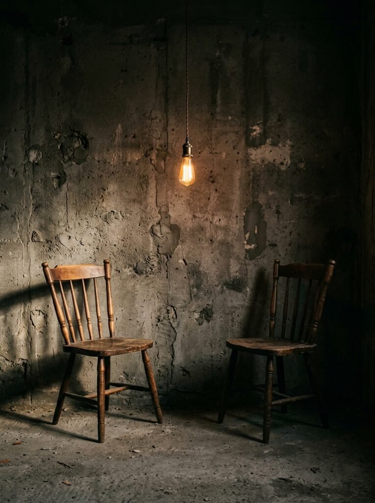 Two empty wooden chairs facing 202608201115