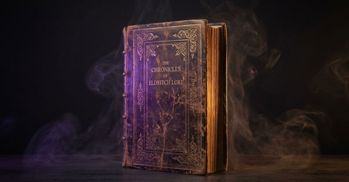 Glowing antique book lit in violet and amber, evoking the Hexed movie