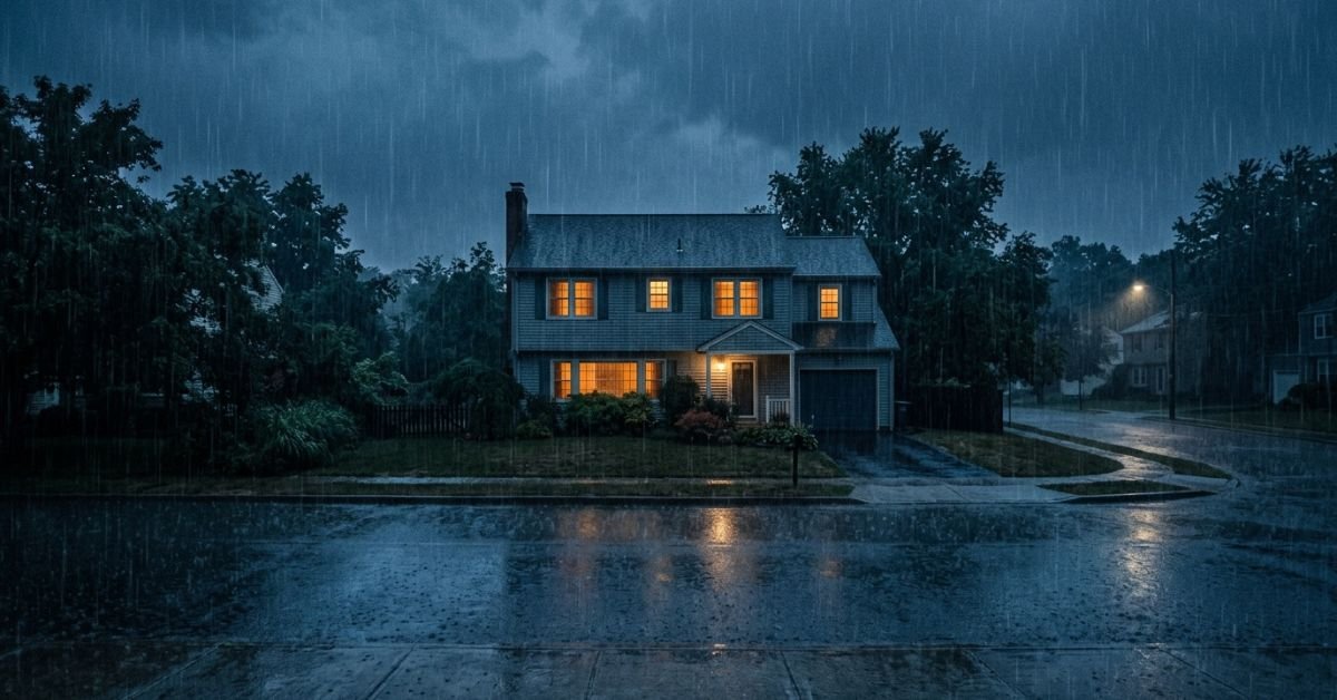 The last house movie premise illustrated by a rain-sealed suburban home at dusk