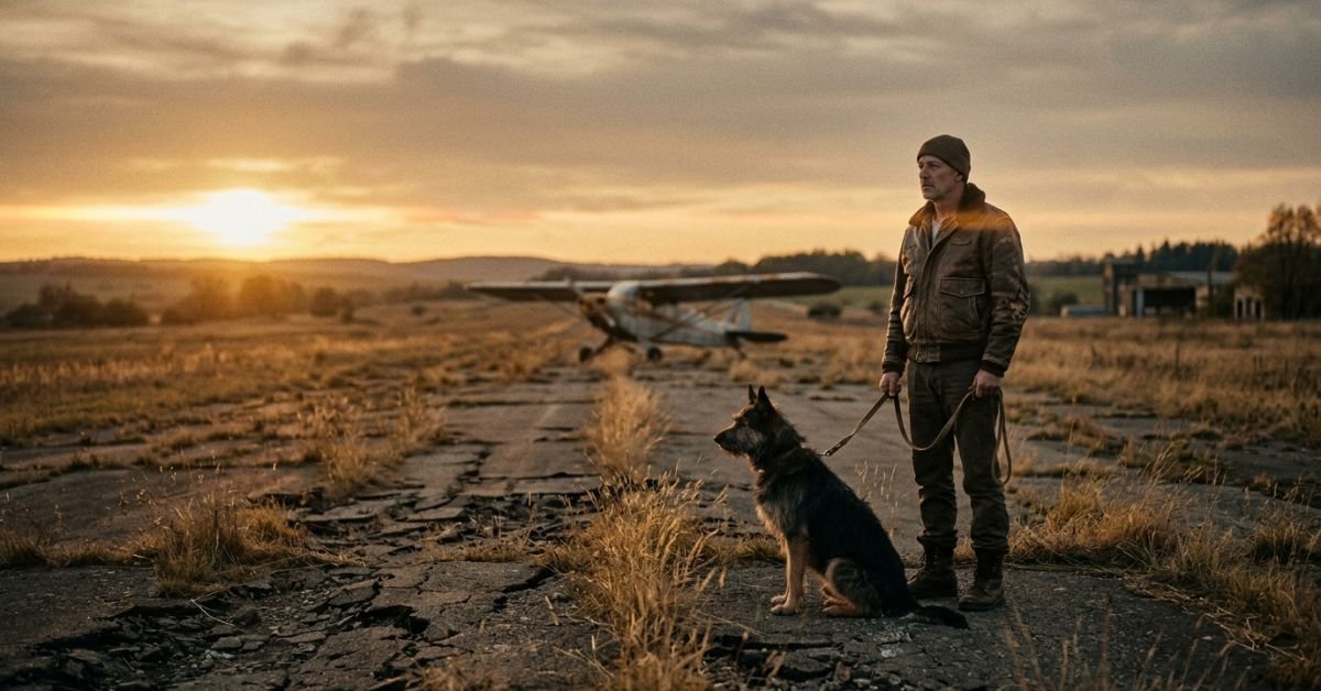 The Dog Stars 2026 concept image of a pilot and his dog on a cracked runway