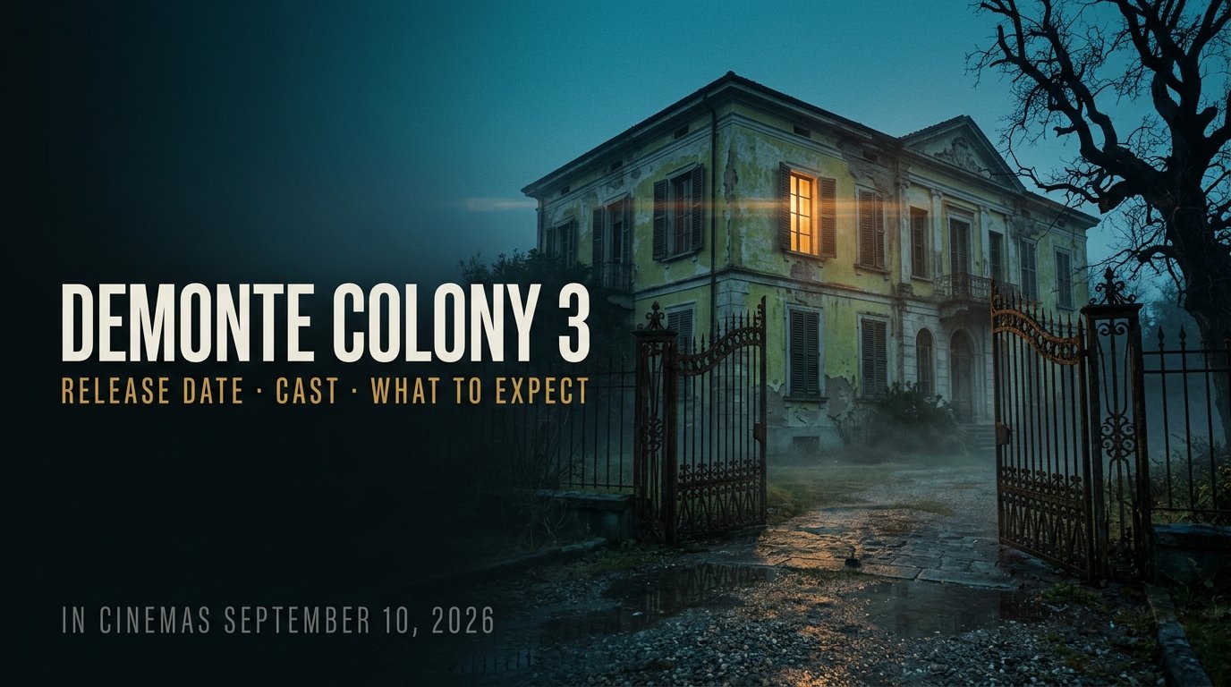 Demonte Colony 3 featured image showing a colonial mansion at dusk with the release date and cast guide title
