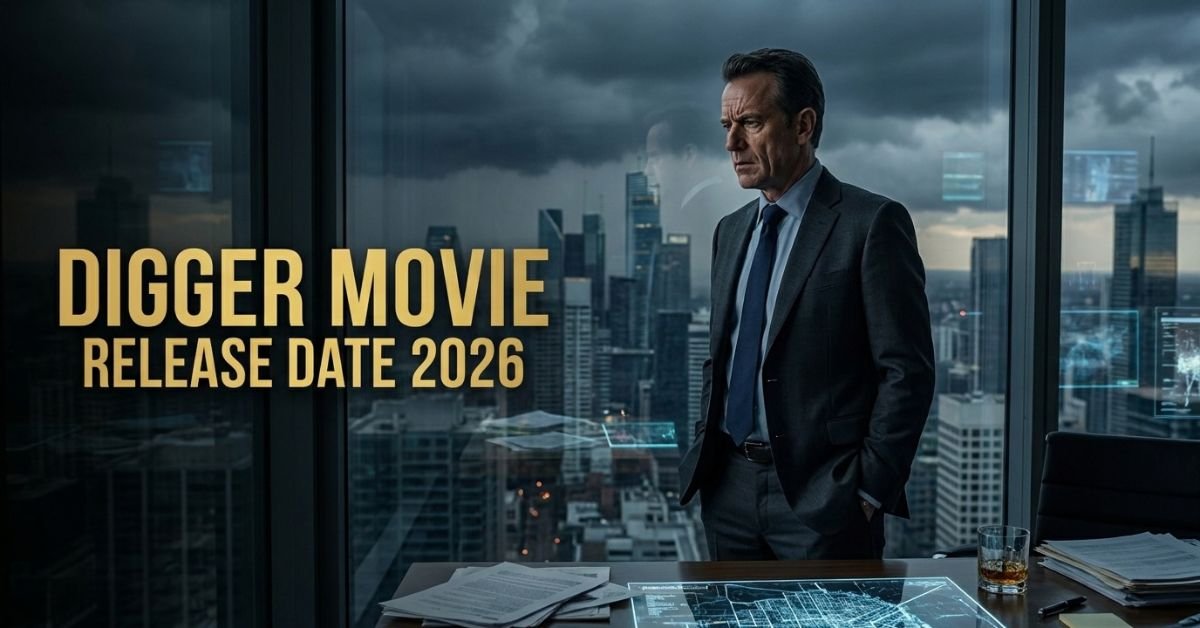 Digger Movie Release Date 2026 feature image showing a fictional businessman overlooking a stormy city.